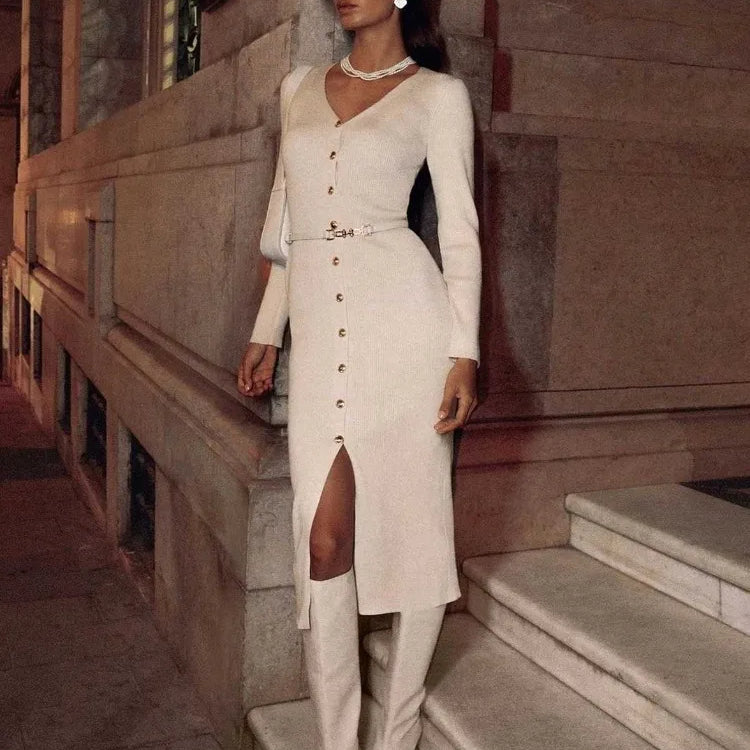 Elegant Long Sleeve Sweater Dress for Women Fashion Single Breasted Knit Maxi Dress Autumn Winter Slit Evening Party Dress 2024