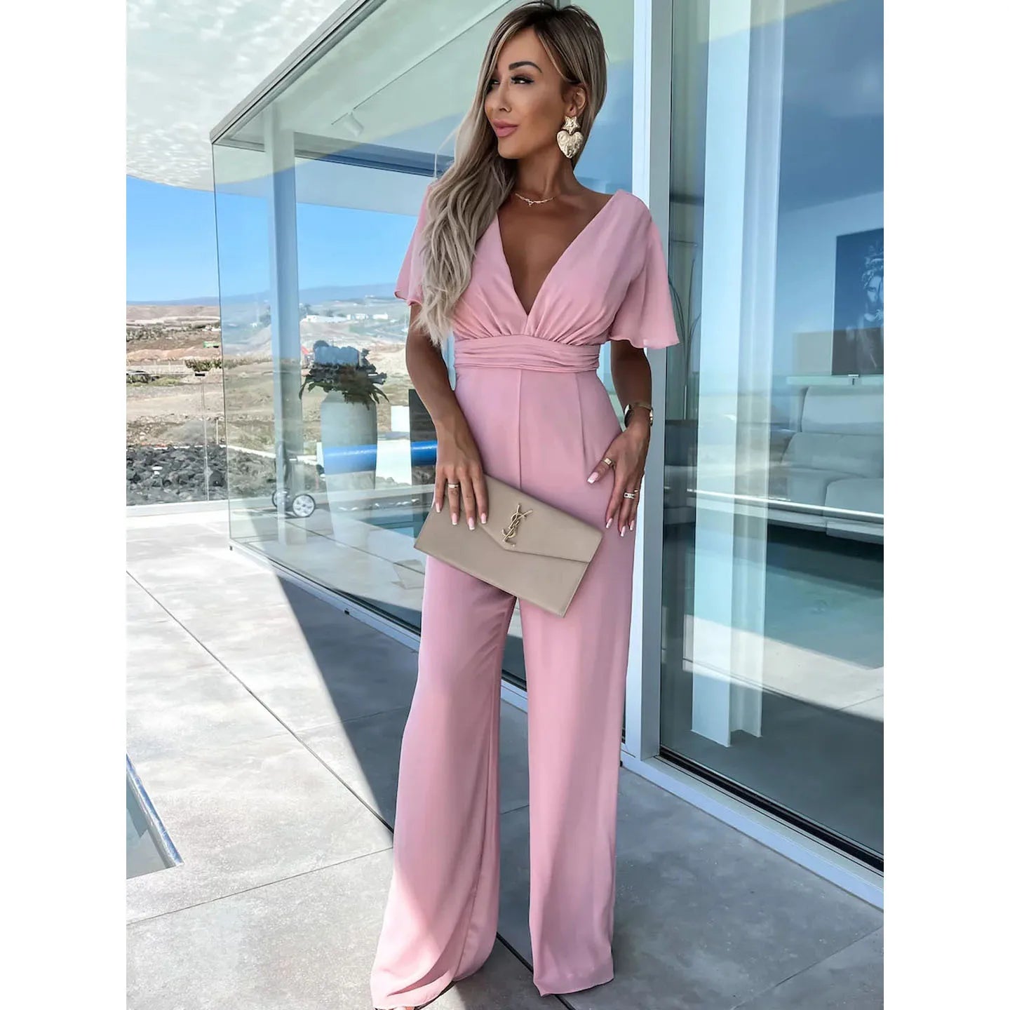Spring Summer New V-Neck Casual Loose Resort Wide-legged Jumpsuit Women Jump Suits for Women Pink