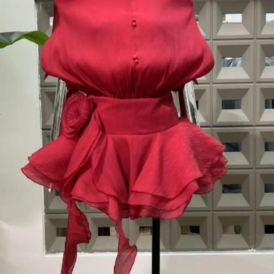 Solid Loose Spliced Ruffles Mini Dresses for Women Slash Neck Sleeveless Patchwork 3D Flower Dress Female Clothing