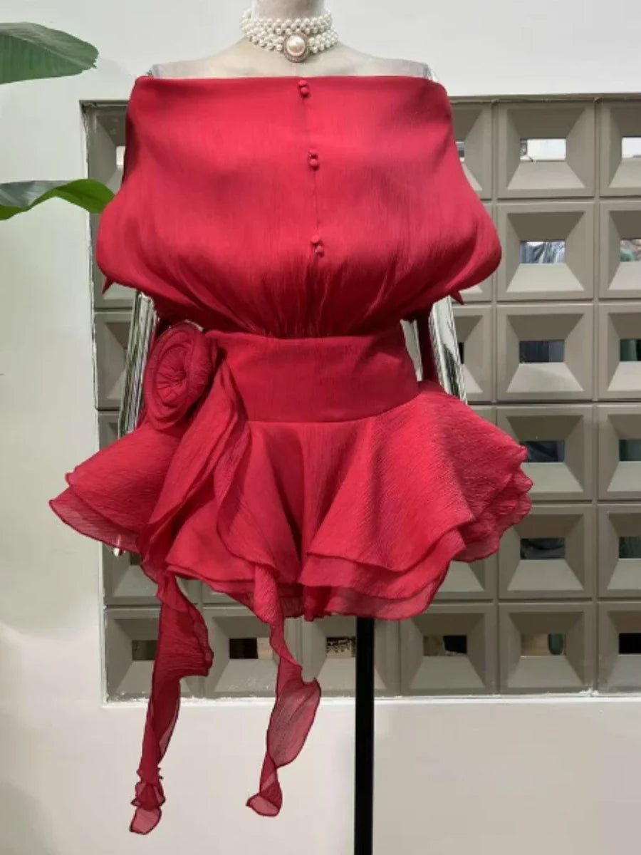 Solid Loose Spliced Ruffles Mini Dresses for Women Slash Neck Sleeveless Patchwork 3D Flower Dress Female Clothing