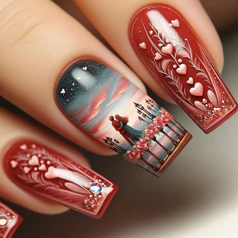 24pcs/set Meduim long fake nails for women peach flowers heart for Spring summer Square faux ongles press on false nail art tips