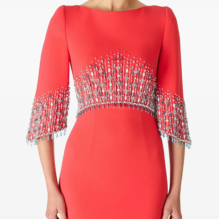 TWOTWINSTYLE Slimming Elegant Midi Dresses for Women Round Neck Half Sleeves Patchwork Bead Luxurious Dress Female Clothing New