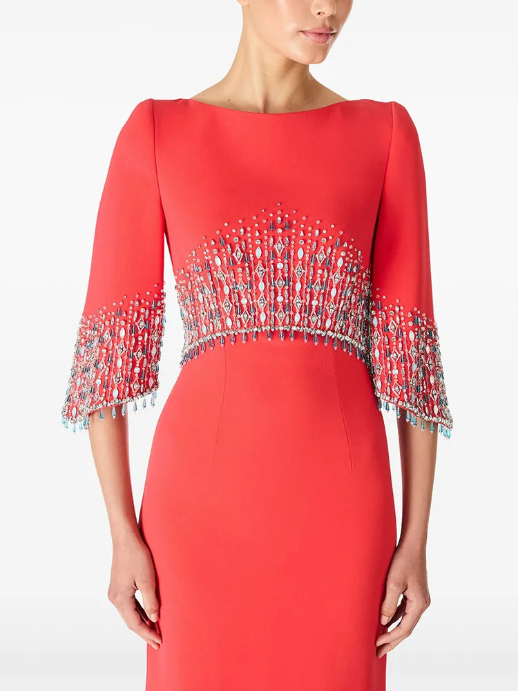 TWOTWINSTYLE Slimming Elegant Midi Dresses for Women Round Neck Half Sleeves Patchwork Bead Luxurious Dress Female Clothing New