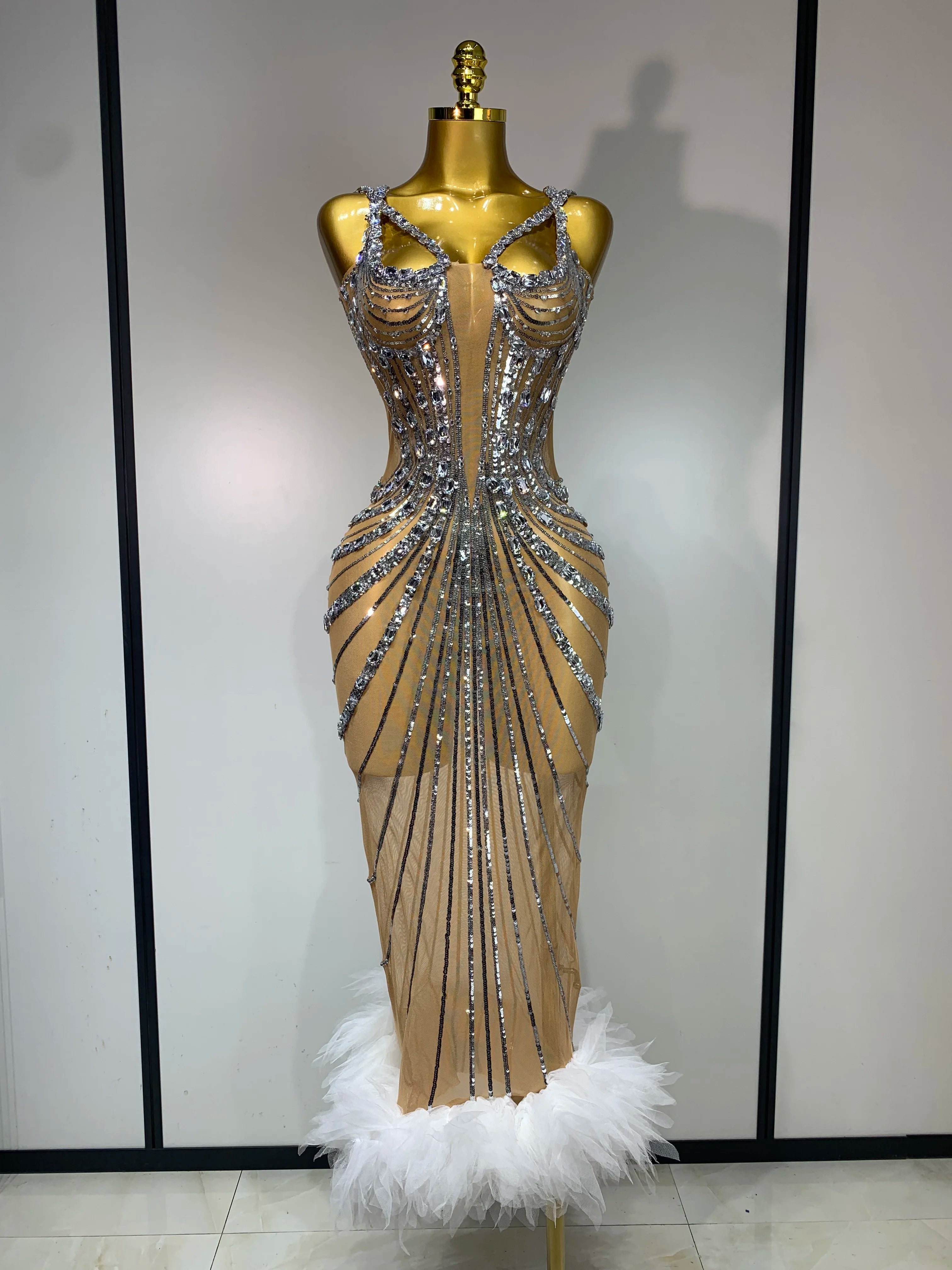 2025 Luxury Sexy Silver Rhinestone White Mesh See Through Long Dress Women Birthday Party Prom Gown Singer Nightclub Outfit