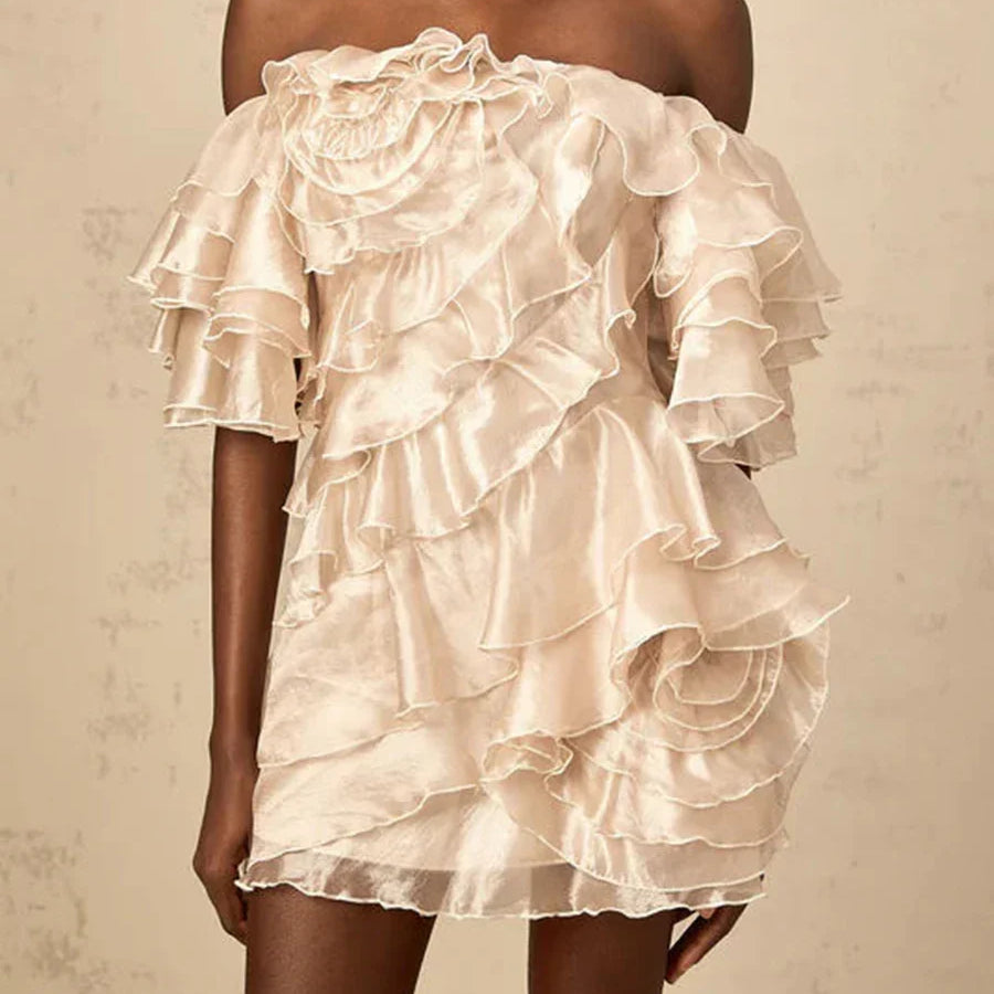 Solid Slimming Spliced 3D Flowers Mini Dresses for Women Slash Neck Off Shoulder Patchwork Ruffles Dress Female New