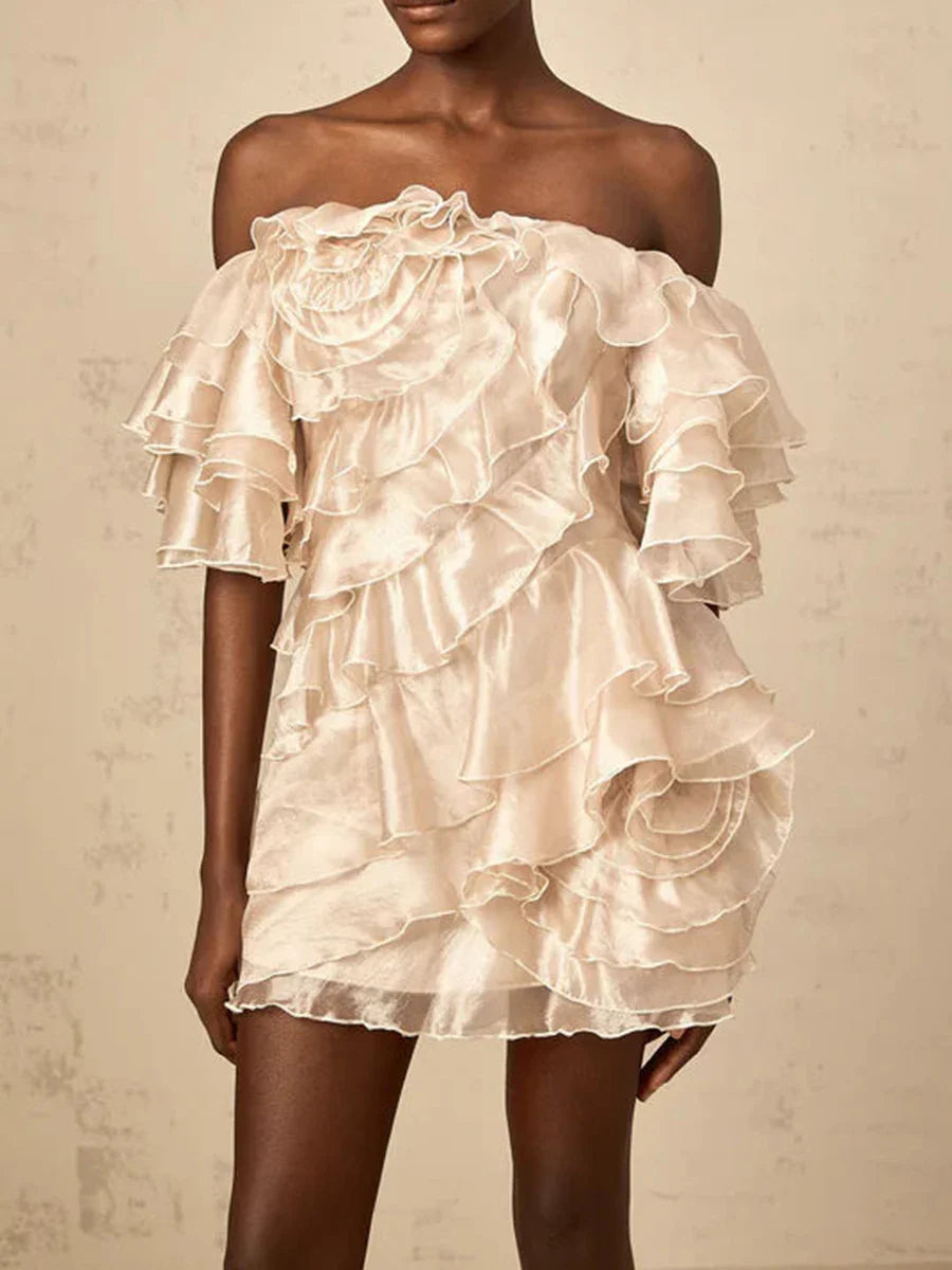 Solid Slimming Spliced 3D Flowers Mini Dresses for Women Slash Neck Off Shoulder Patchwork Ruffles Dress Female New