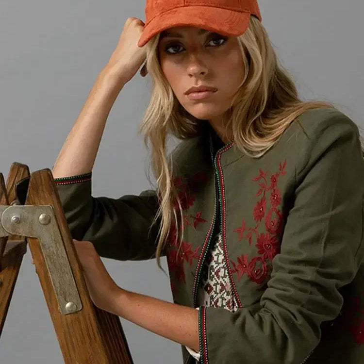 Women Fashion Print Trousers Two-piece Suit Embroidery Long-sleeved Coat High Waist Pants Sets Spring Casual Lady Outfit Top