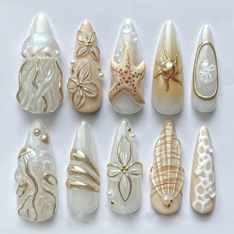 24Pcs Long French Almond Press False Nails Pink Gradient Fake Nail Art with White Stripes Design Wearable Full Cover Nails Tips