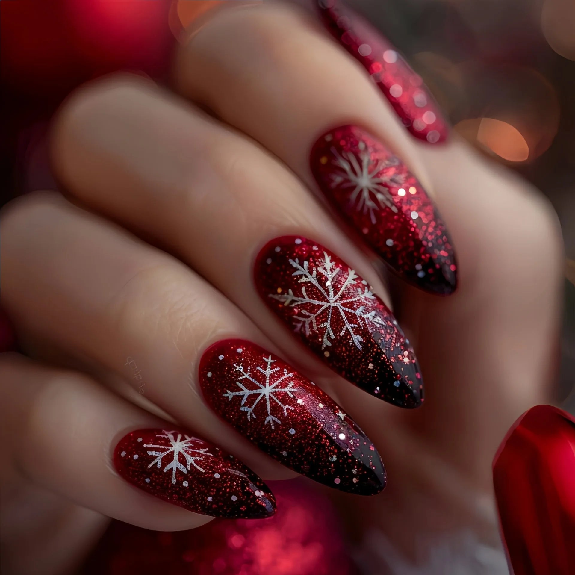 24pcs Simple Almond Fake Nail Christmas Glitter Red Full Cover Nail Tips Snowflake Design False Nails Round Head Press on Nails