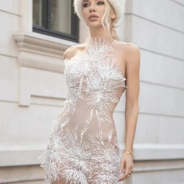 High Quality Women Sexy Off the Shoulder Mesh SeeThrough Bodycon Mini Dress Sequins Nightclub Party Celebrate Dress