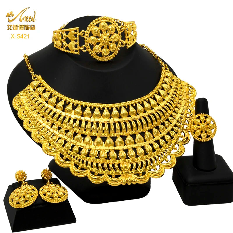 Indian Big Plated Gold Jewelry Women Necklace Sets Dubai African Party Bridal Wedding Gifts Arabic Necklace Jewelry Sets S-421