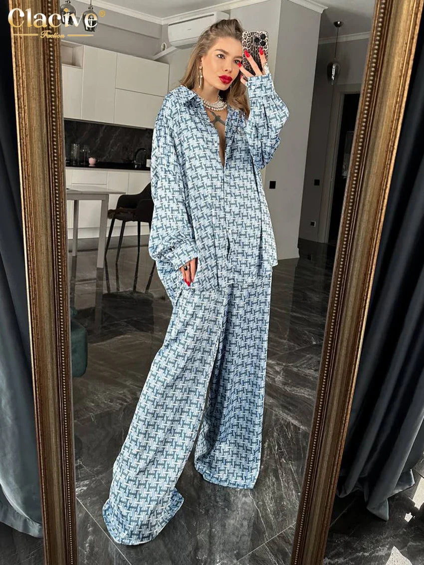 Clacive Fashion Loose Print 2 Piece Sets Women Outfit Elegant Long Sleeve Shirt With High Waist Wide Pants Set Streetwear Blue