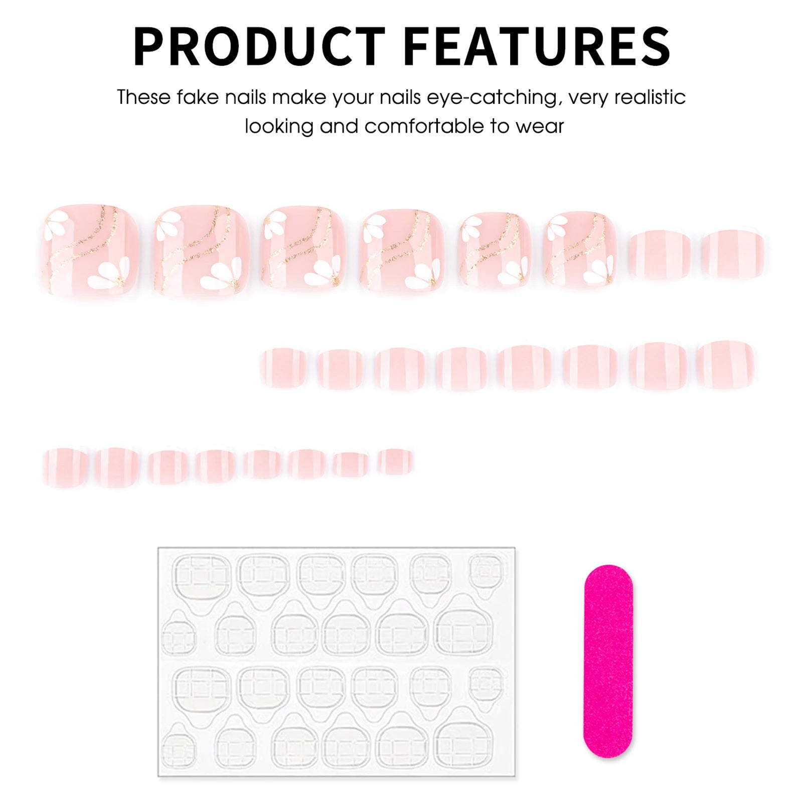 Nude Pink Color Fake Toenails 24Pcs Simple Charm Press On Toes Nails Flower Printed White French Tip Reusable False Nails