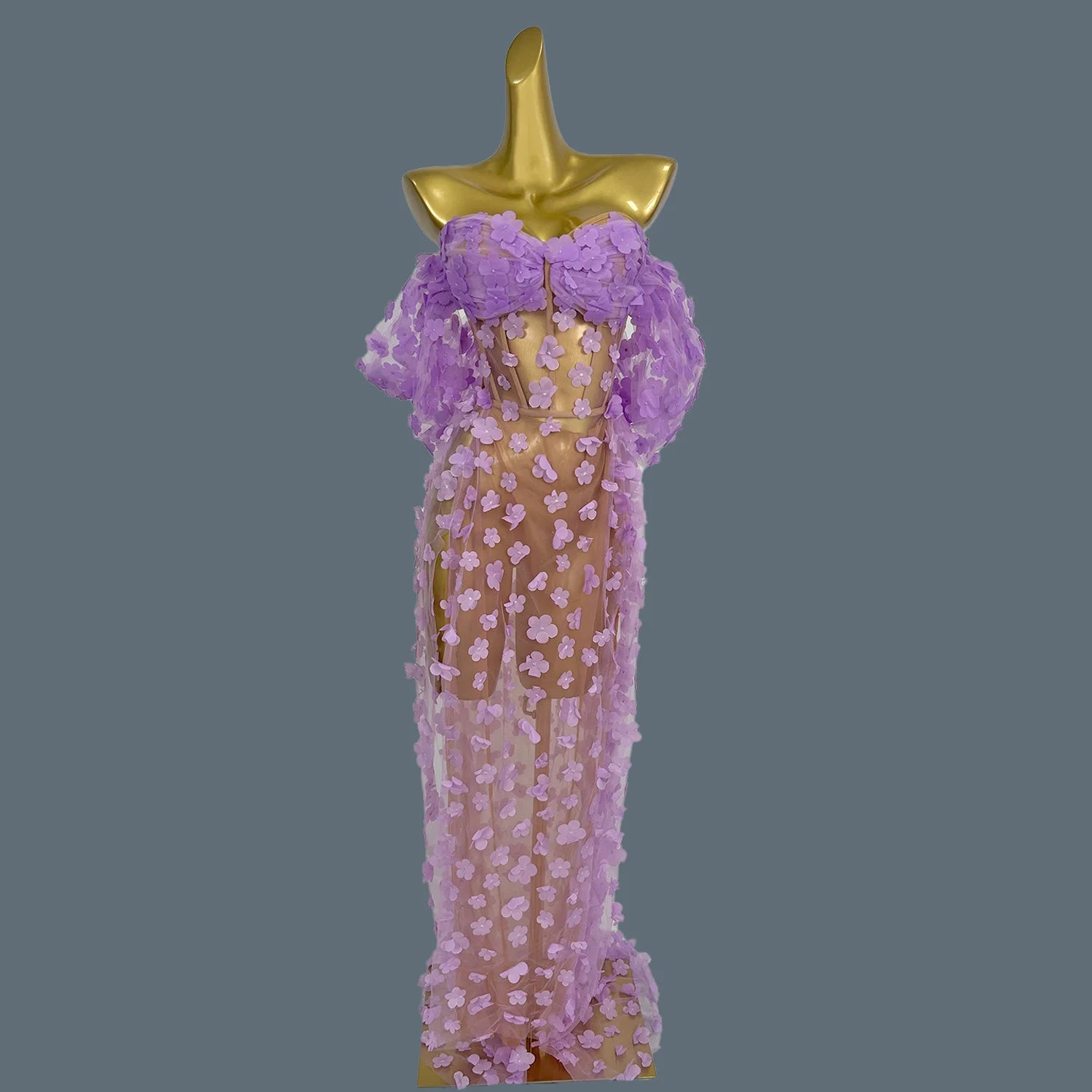 Sexy Strapless Flower Dress for Women Maxi Long Dress Elegant Evening Gown Club Party Dresses Stage Performance Clothing Huahua PURPLE One Size