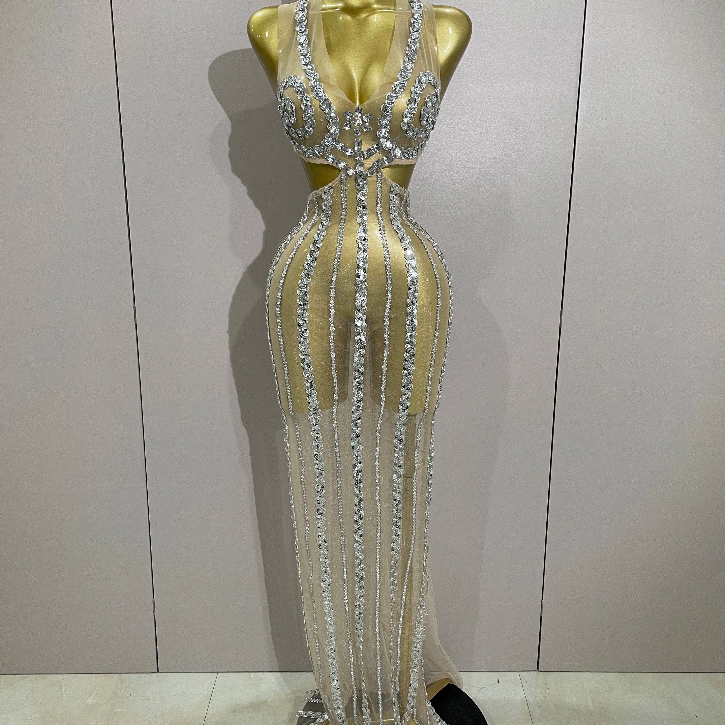 Luxury Sparkly Diamonds Sequins Sexy Mesh See Through Long Dress 2025 Women Celebrate Birthday party Dresses Festival Costume