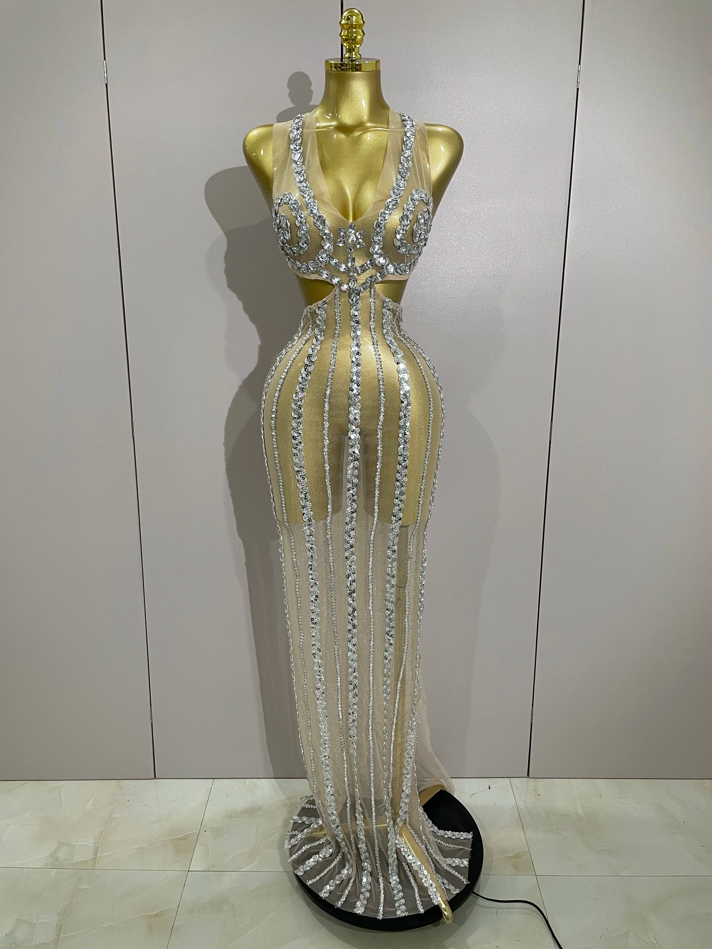 Luxury Sparkly Diamonds Sequins Sexy Mesh See Through Long Dress 2025 Women Celebrate Birthday party Dresses Festival Costume