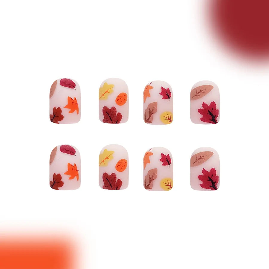 24Pcs Short Press-on Nails Set Square Fallen Leaves Design Orange Flower Nail Tips for Autumn Winter Nails Fake Women&girls Wear