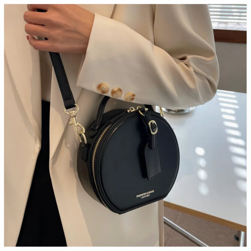 Brand Designer PU Leather Women's Handbag Retro Lock Crossbody Bag Round Tote