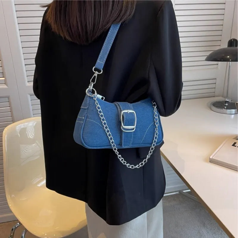 Fashionable Denim Personalized Design Exquisite Texture Shoulder Underarm Small Square Bag