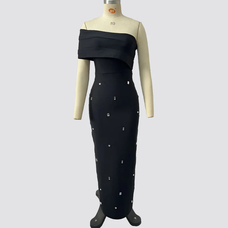 4 Colors Women Sexy Strapless Shinning Rhinestones Bodycon Long Bandage Dress Nightclub Party Celebrate Fashion Birthday Outfit