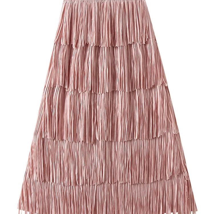 Pleated Tassel Long Skirts For Women High Waist Solid Color Stitching Elegant Party Clothing 2024 Summer Autumn Pink One Size