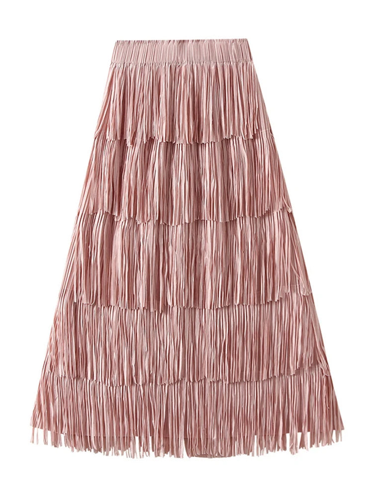 Pleated Tassel Long Skirts For Women High Waist Solid Color Stitching Elegant Party Clothing 2024 Summer Autumn Pink One Size
