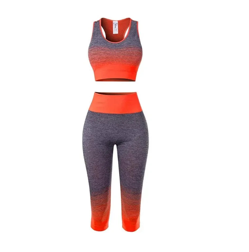 2 Piece Sets Womens Outfits Yoga Set Elastic Gradual Changing Sports Bra Tights Yoga Suit Set Fitness Workout Sports Leggings 7Pants Set 2 One size 40-75KG