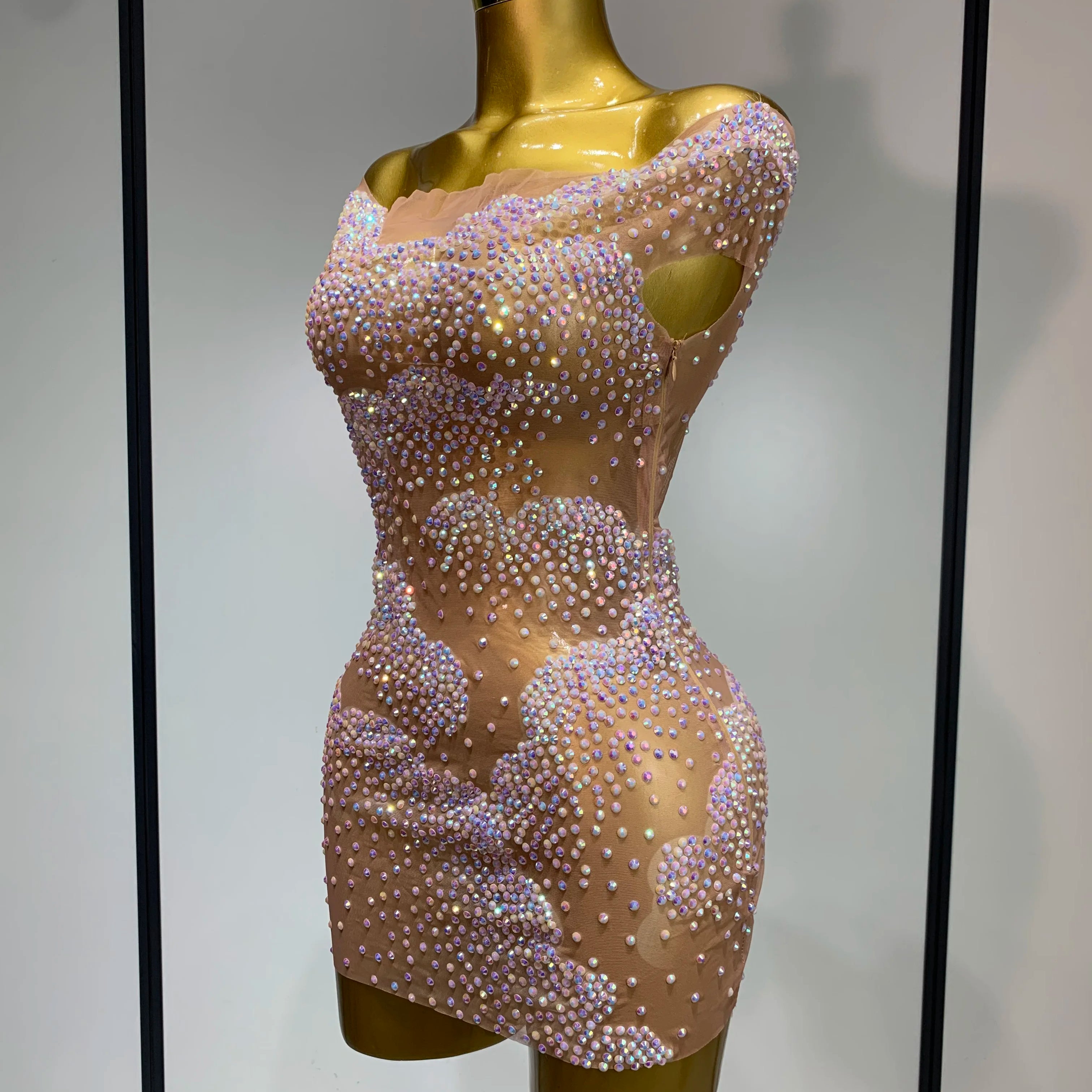 Women Sexy Mesh See Through Mini Dress Celebrate Birthday Evening Party Dress Luxury Rhinestones Stage Performance  Costume