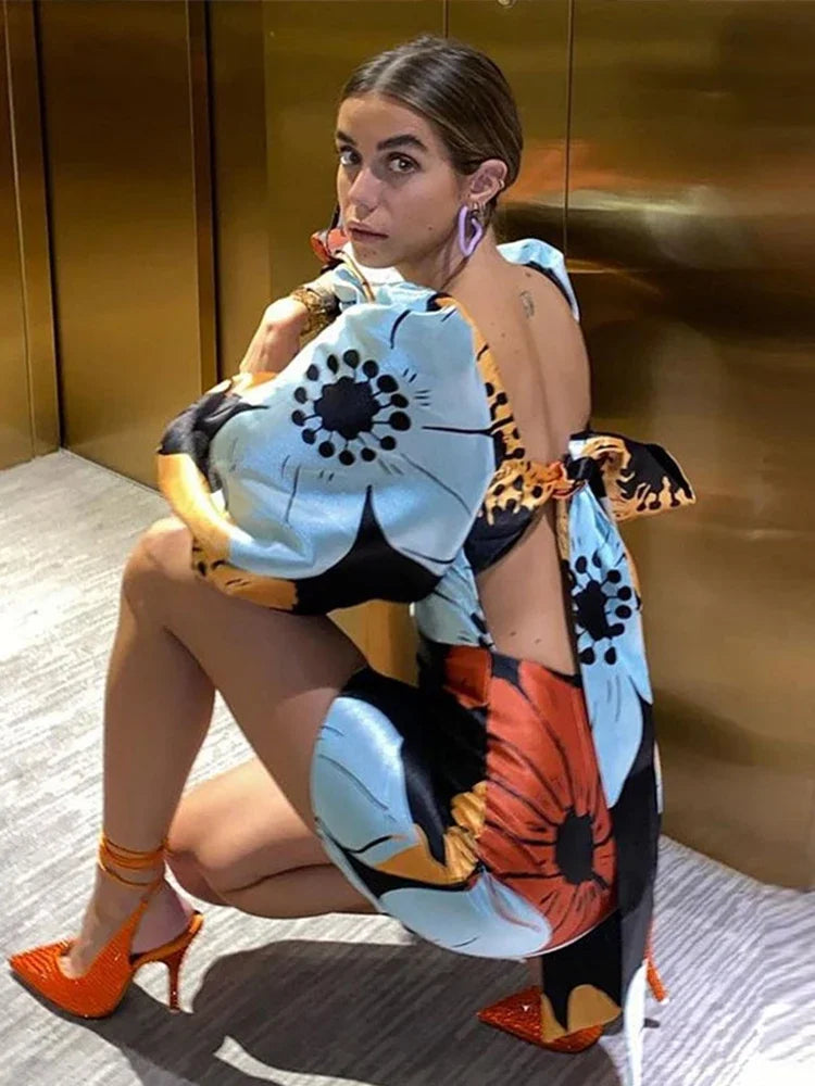 Elegant Backless Floral Mini Dress Summer Women Long Lantern Sleeve Beach Dresses Female Chic O-Neck Hollow Party Vestidos