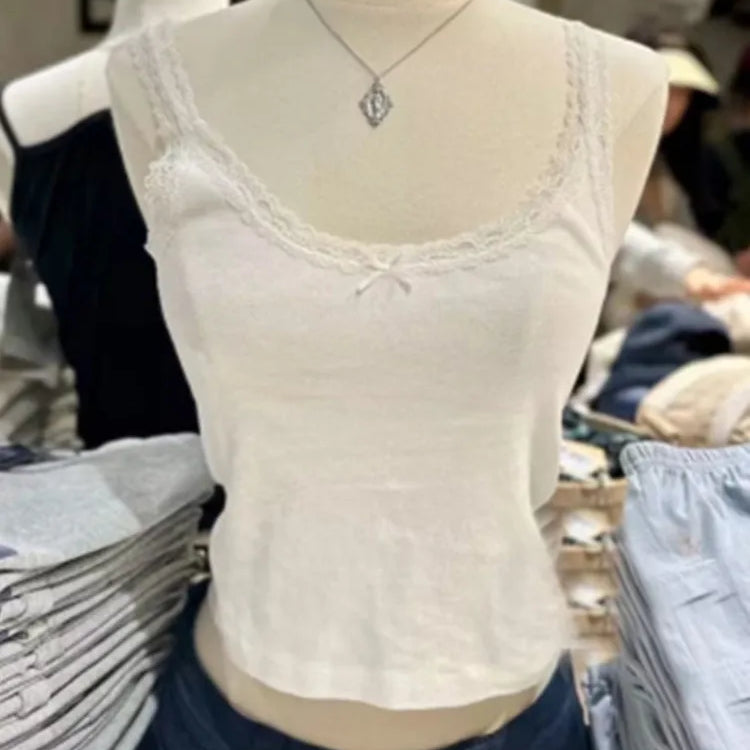 Casual Women Fashion Soft Cotton White Bow Ornament Tanks Summer Vintage O Neck Lace Edge Sleeveless Female Chic Tops white One Size