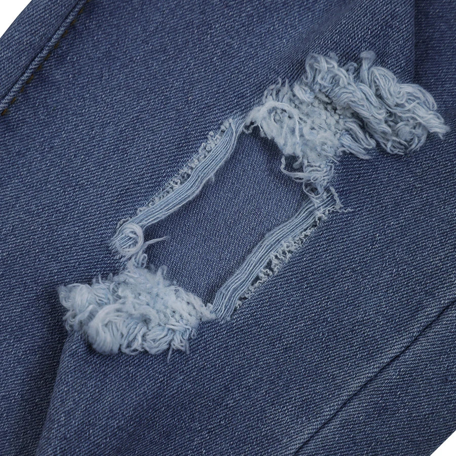 High Stretch Y2K Jeans Mid-Waist Fashion Hollow Out Classic Simple Stylish Distressed Ripped Raw Edges Hem Women Pants