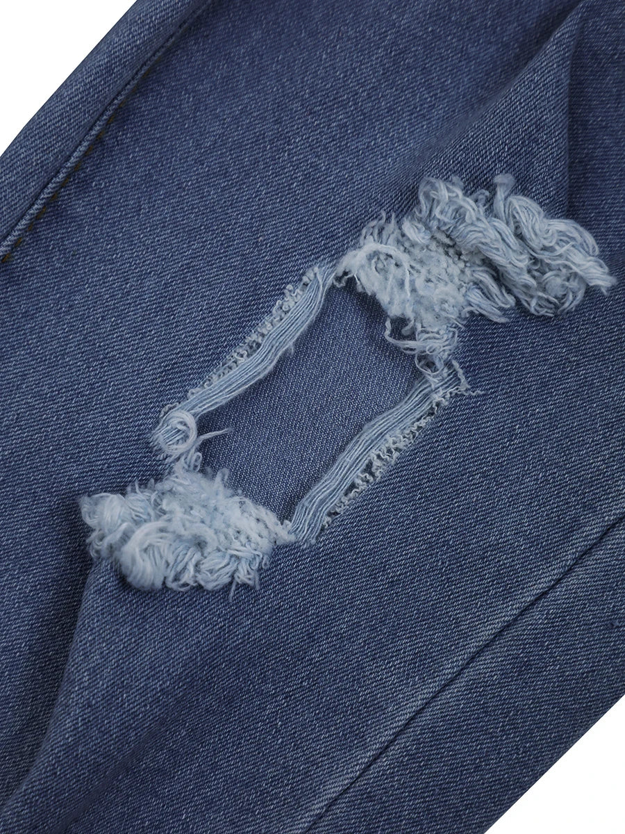 High Stretch Y2K Jeans Mid-Waist Fashion Hollow Out Classic Simple Stylish Distressed Ripped Raw Edges Hem Women Pants