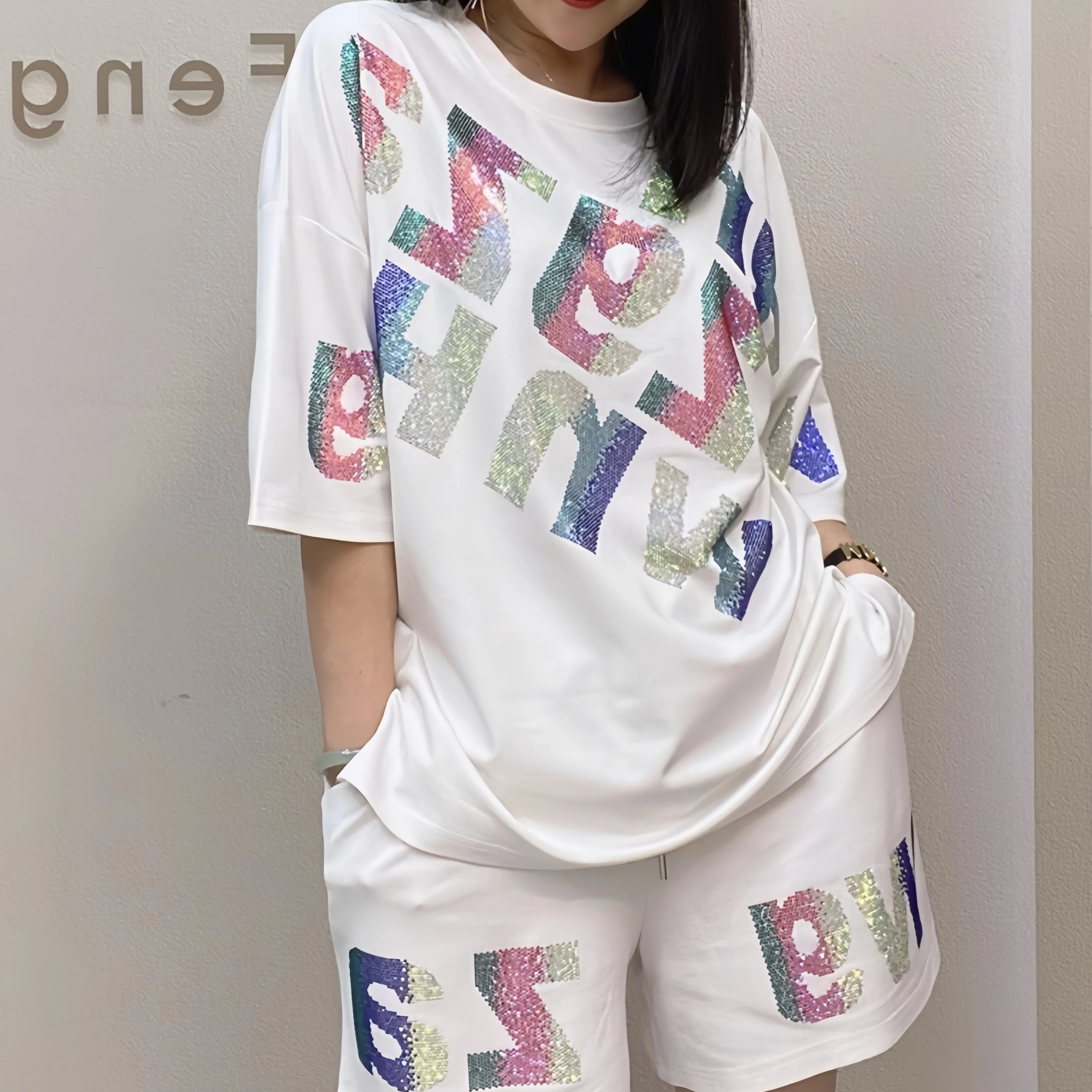 Oversized summer short-sleeved T-shirt and shorts casual set, Rhinestone wide-leg pants two-piece women's set