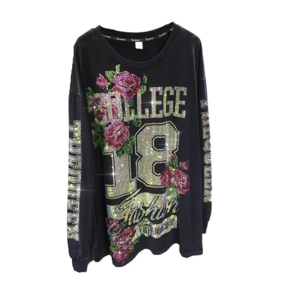 L-4XL 150kg Luxury Diamond Stamping Women's Plus Size Sweatshirts Aesthetics Art Female Pullovers Vintage Winter Lady Sweatshirt black
