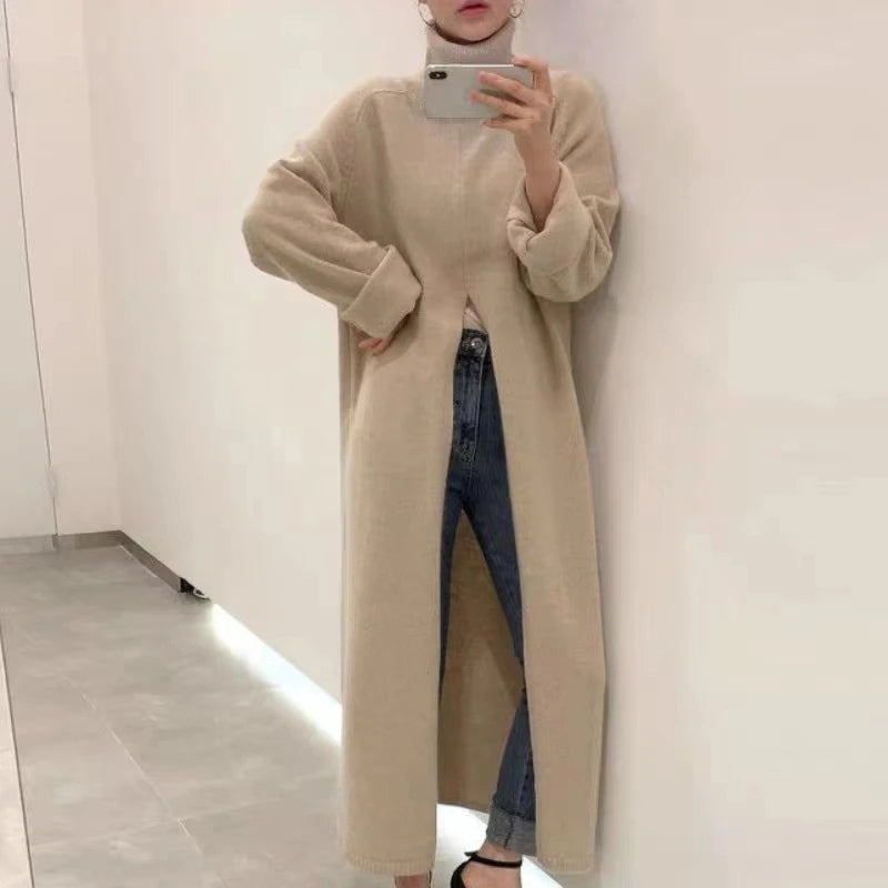 Korean chic autumn/winter niche design with high neck, loose slit, knee length, and slim knit bottom sweater for women