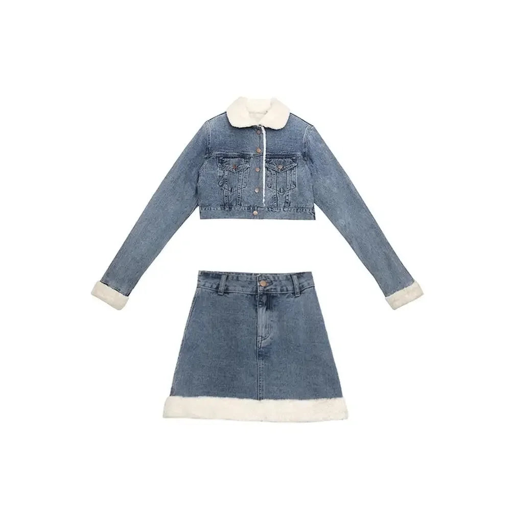 Autumn Winter Denim Skirt Suits Denim Imitation Lamb Jeans Coat Women High Sense High Street Sweet Cool Two Piece Set