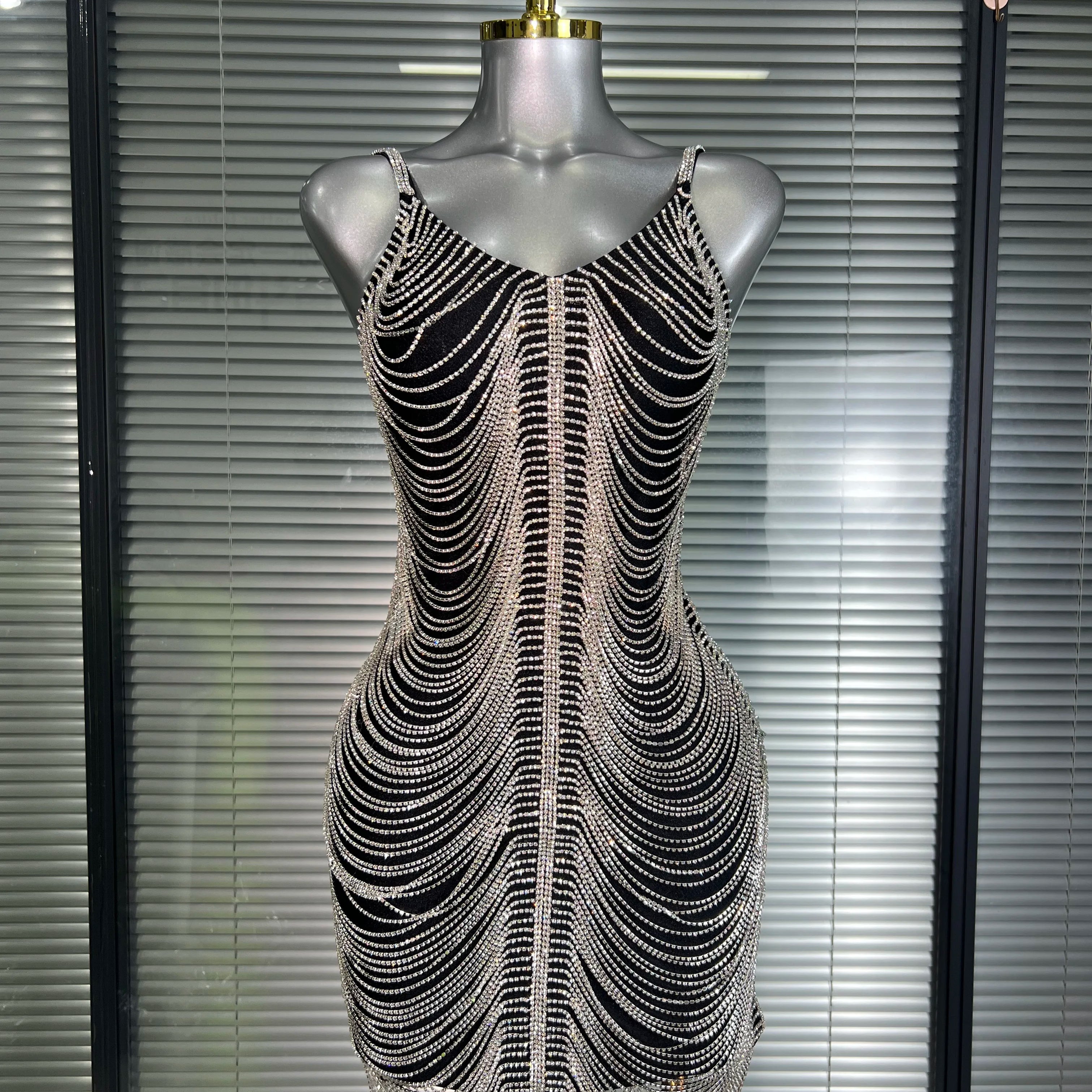 Ins Celebrity New Women Sexy Khaki Crystal Shining Mini Dress Stage Costume Dancer Singer Night Club Sparkly Party Dress