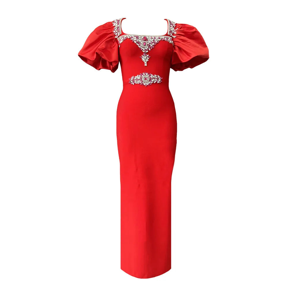 Women Short Puff Sleeve Sexy Square Collar Shinning Crystal Bodycon Long Bandage Dress Celebrate Evening Party Birthday Outfit