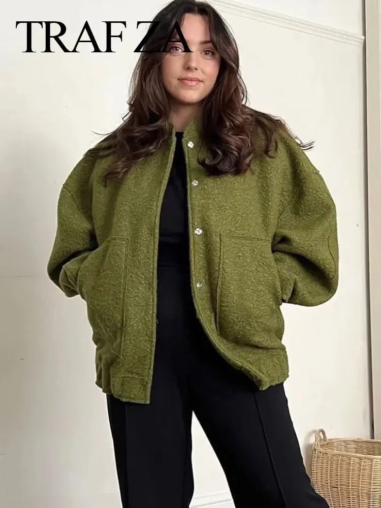 Women Elegant Solid Coat Button Long Sleeve Pocket Bomber Jacket Autumn Winter Female Casual Loose Streetwear Coats