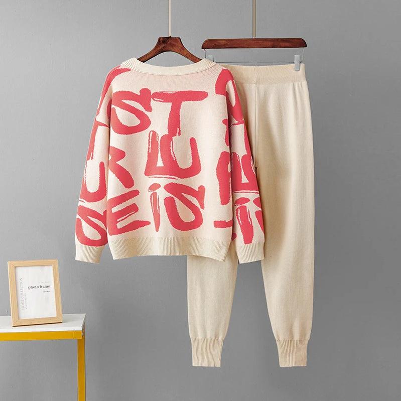 Autumn Winther 3 Piece Women Cardigan Tracksuits Letters Knitted Pocket Pants Set Ladies Sweater Suit European Fashion Outfits