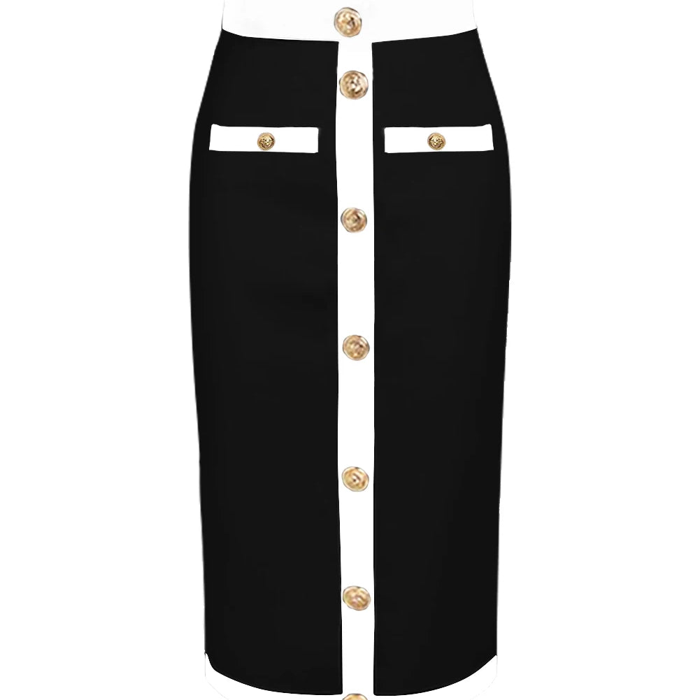 est Women Button Patchwork White Black Bodycon Bandage Skirt 2023 Designer High Waist Party Club Pencil Skirt 60cm