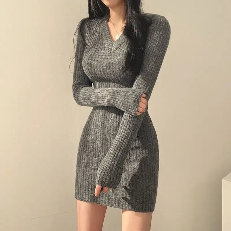 Women Knit Bodycon Dress V-Neck Long Sleeve Slim Sexy Dress Solid Casual Midi Sweater Dress For Autumn GREY One Size
