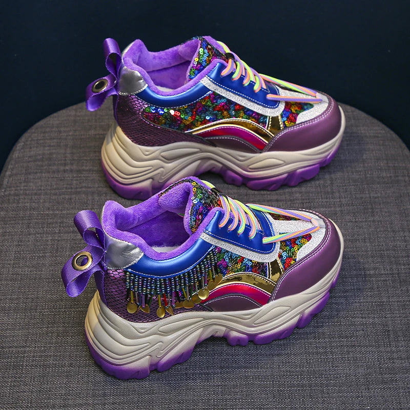 Women Winter Platform Bling Leather Sneakers Warm Plush Shoes Tennis 8CM Wedge Heels Lace-up Chunky Dad Shoes Woman Mujer