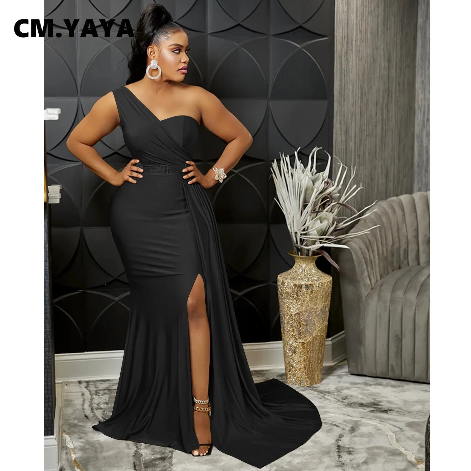CM.YAYA One Shoulder Skew Neck Tassel Side Floor Length Mermaid Long Maxi Dress Women 2022 Sexy Party Club Even Prom Dresses