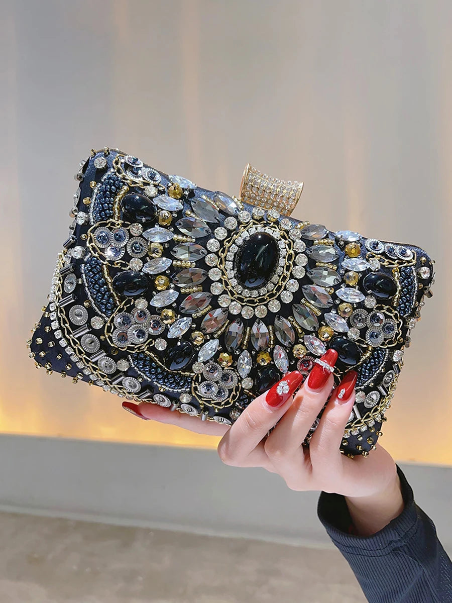 Beaded Rhinestone Evening Bag Elegant Box Clutch Purse Women's Wedding Handbags For Party Prom - Basso & Brooke