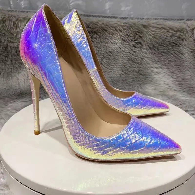 White Snake Pattern Pumps Shallow Pointed Toe High Heels Pull On Luxury Shoes Solid Scales Metallic Sandalias De Mujer 12CM