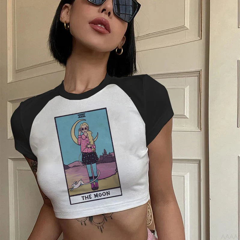 Lady Fashion Women Short Sleeve Summer Harajuku Crop Top Clothes Tshirt Female Tarot Print Cute Lovely Casual Aesthetic T-Shirt