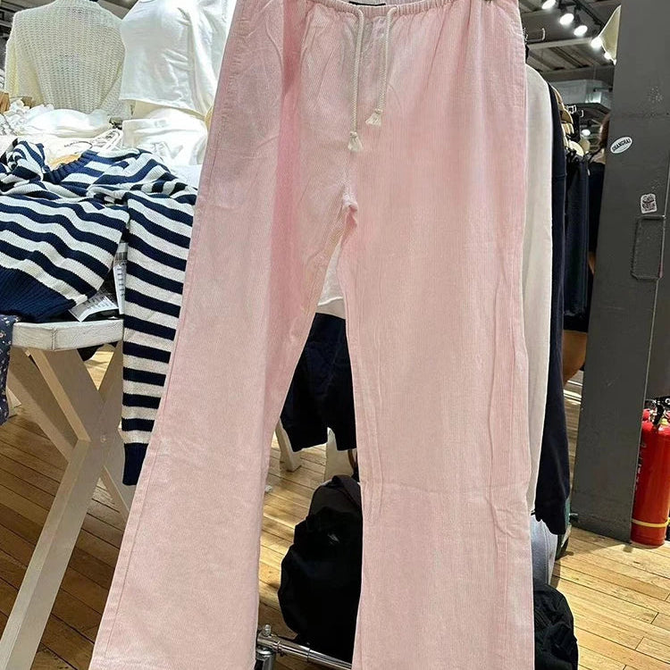 Retro Pink Striped Drawstring Sport Pants Women Autumn High Waist Linen Casual Wide Leg Pants Y2k Streetwear Loose Trousers Chic Pink One Size