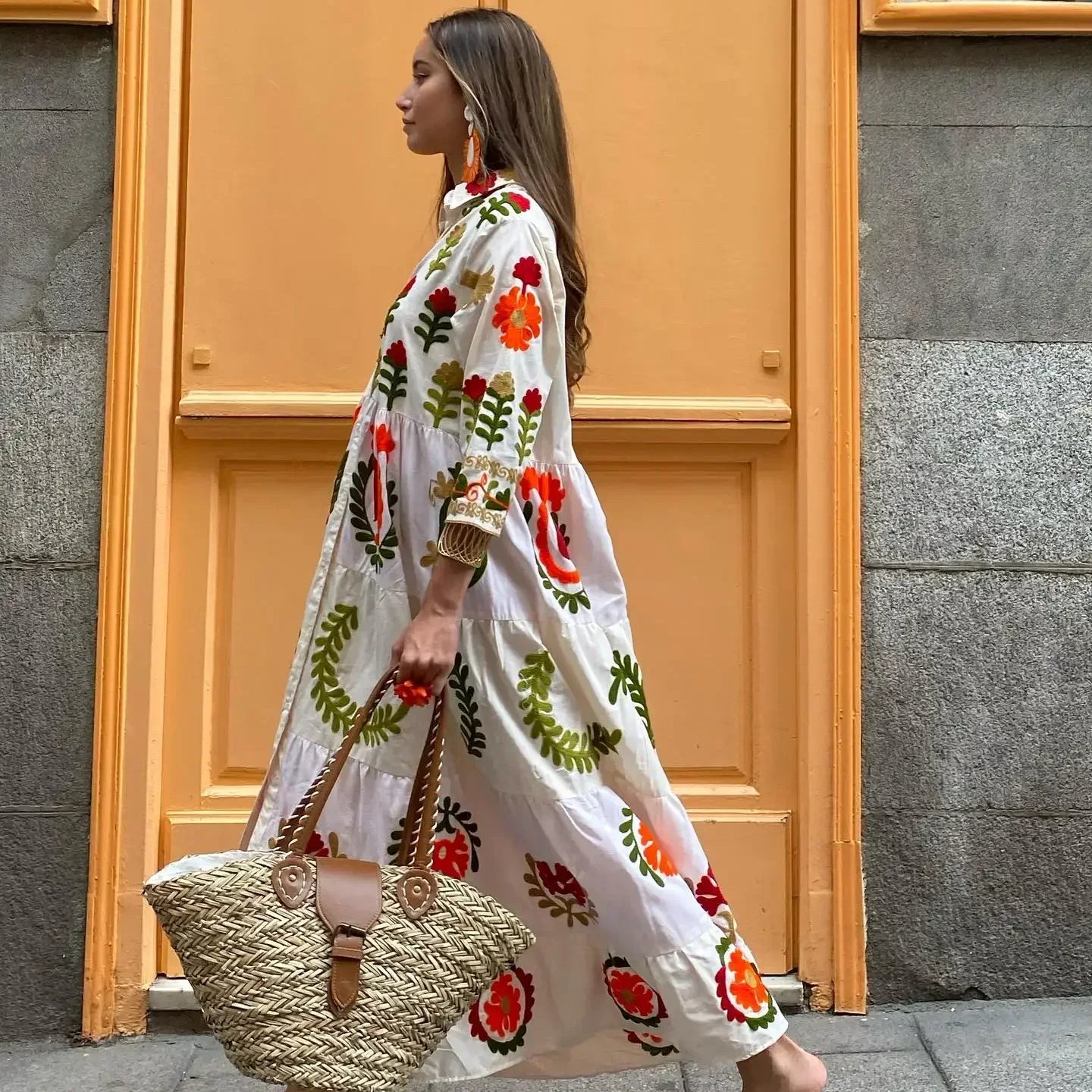 Vintage Flower Print Single Breasted Long Dress Women Elegant Lapel Half Sleeves Loose Hem Dresses Female Vocation Vestidos Color