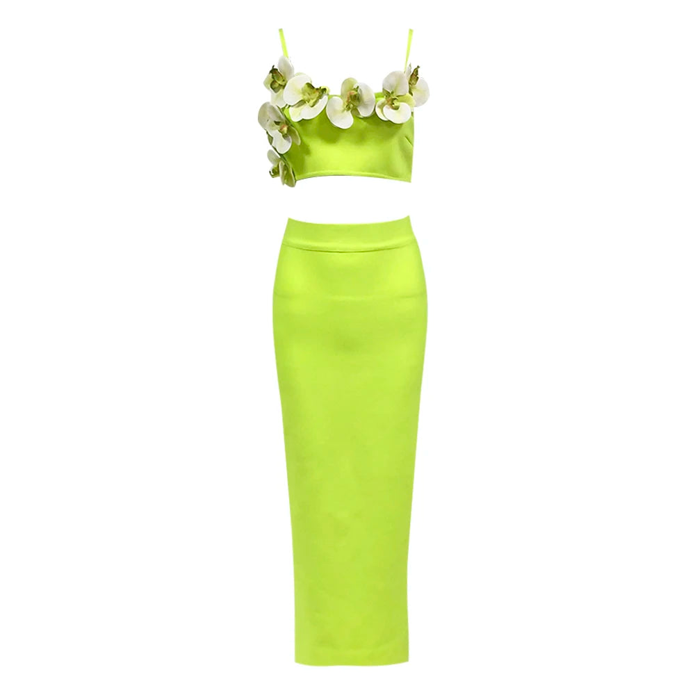 High Quality Green Color Women Sleeveless Sexy Strap Square Collar 2 Pieces Bodycon Long Bandage Dress Celebrate Birthday Dress